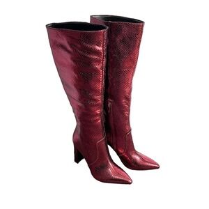 Marc Fisher Giancarlo Heeled Boots Sz 7.5 Knee High Red Snake Sparkle Leather